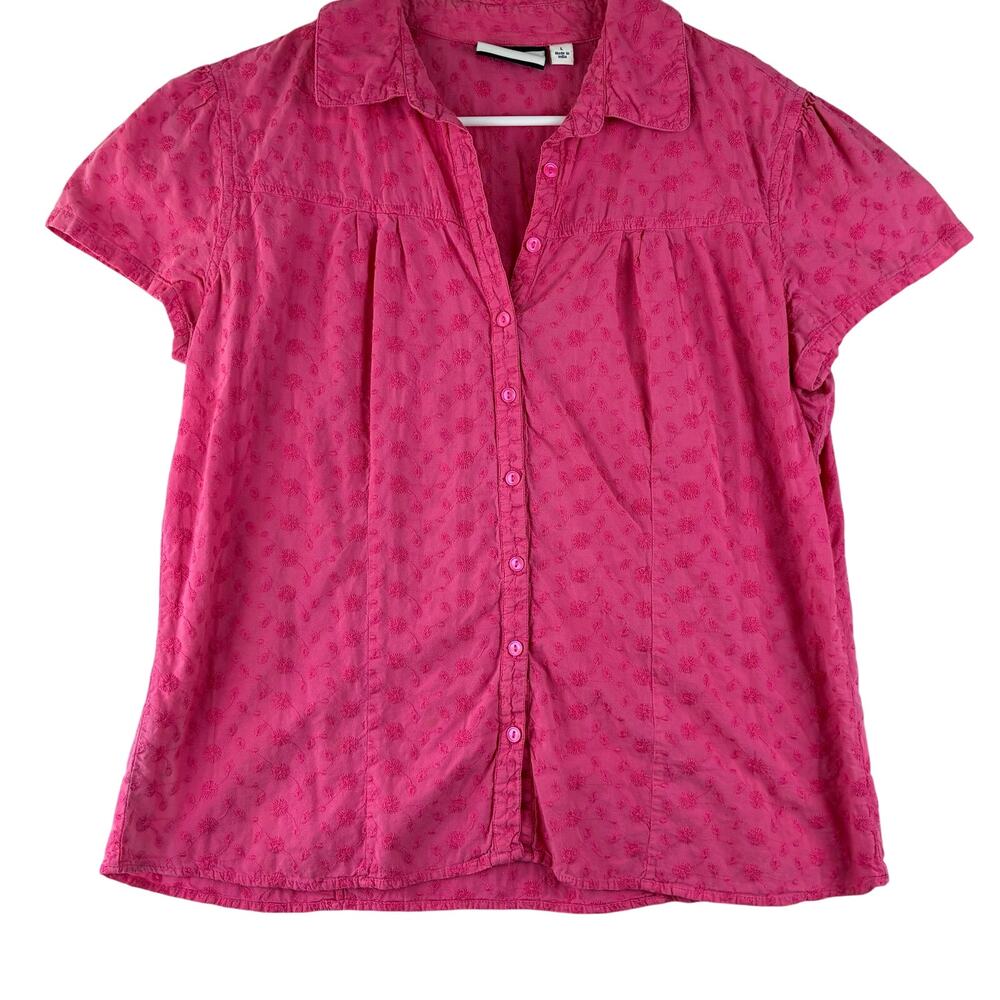 Vintage Croft&Barrow Cap Sleeve Button Up Top Womens Large Pink Floral Emboirder